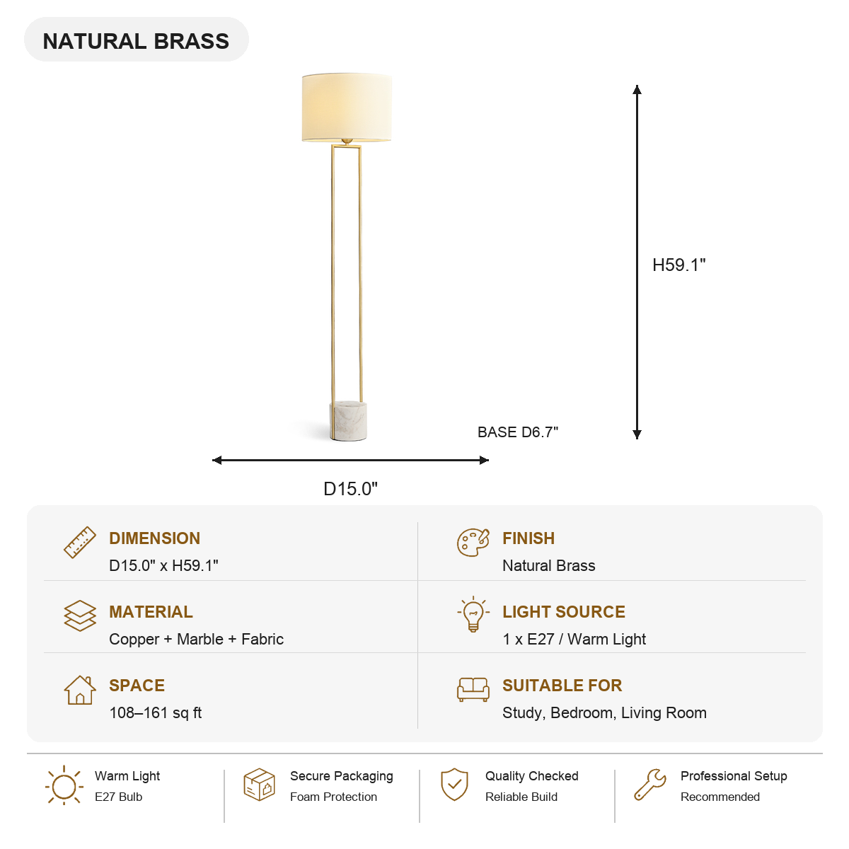 Double-Rod Marble Base Floor Lamp Natural Brass SKU specification card