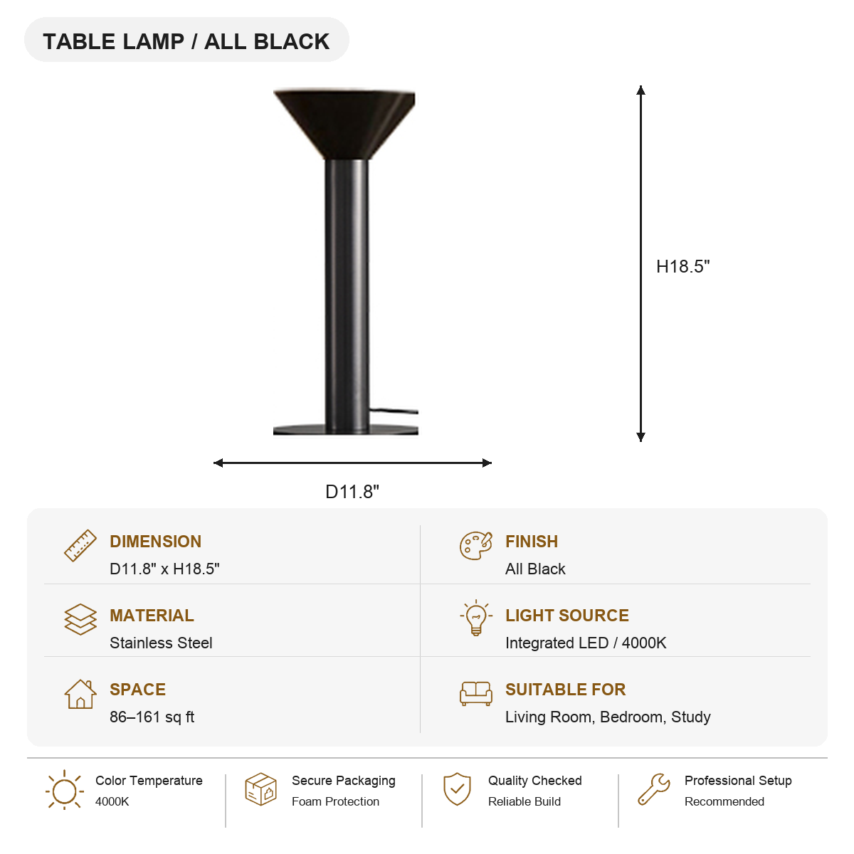 Minimalist Cone LED Table Lamp All Black SKU specification card