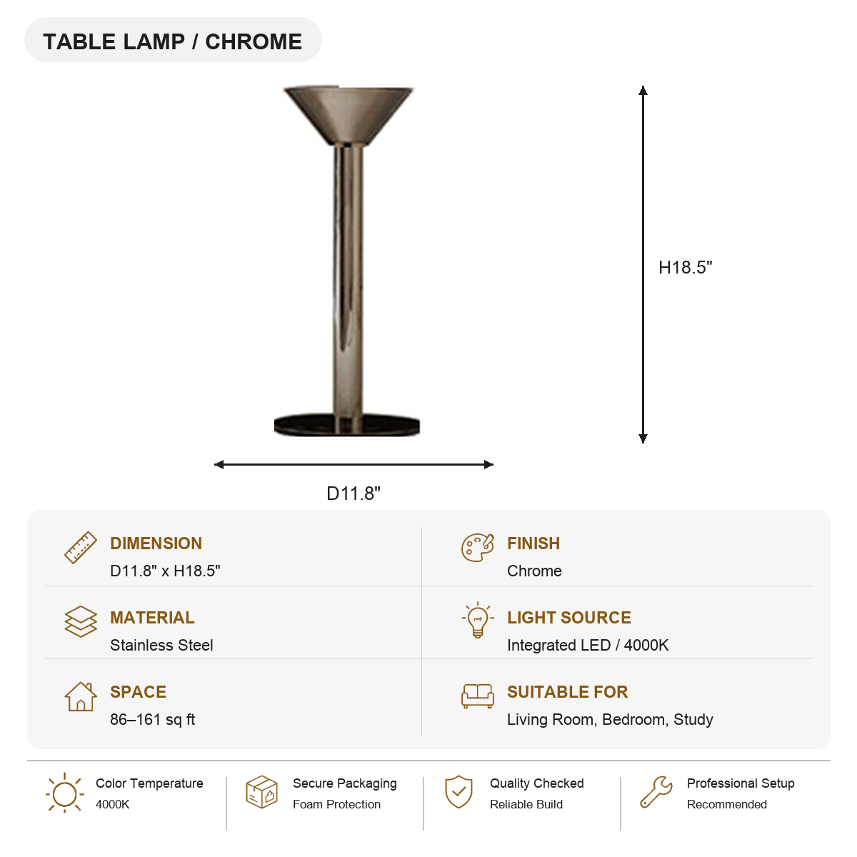 Minimalist Cone LED Table Lamp Chrome SKU specification card