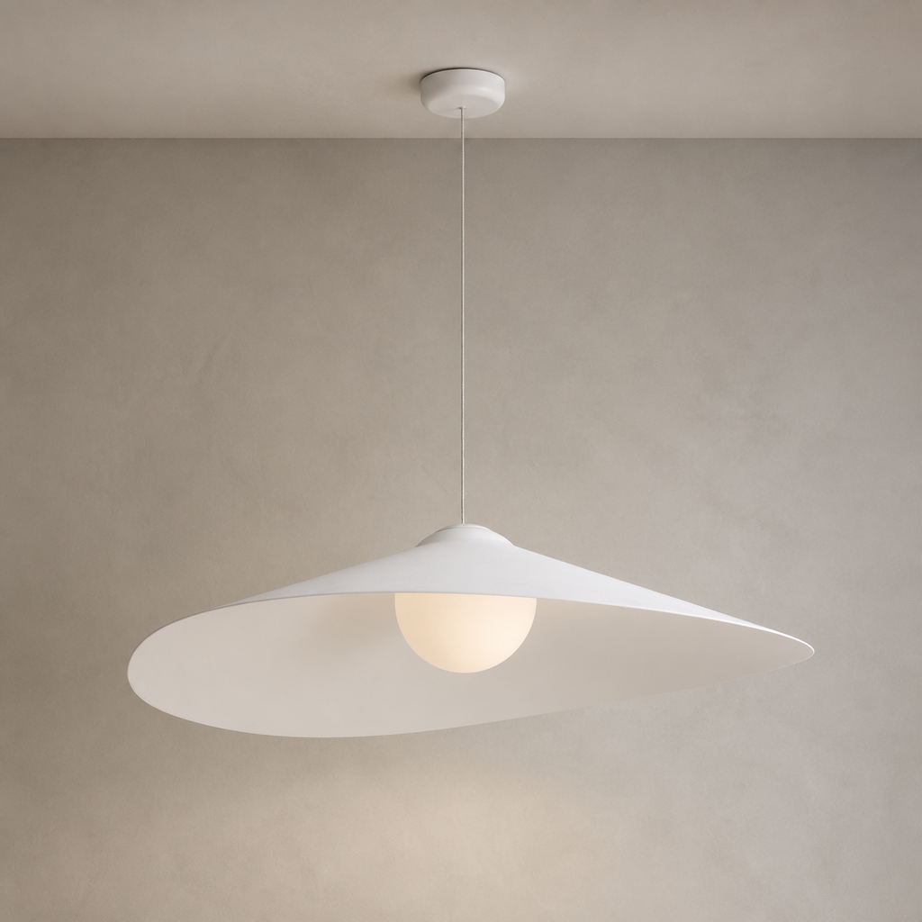 Velaire Sculptural Wing Pendant Light 70 cm installed or product view 1 with complete ceiling connection