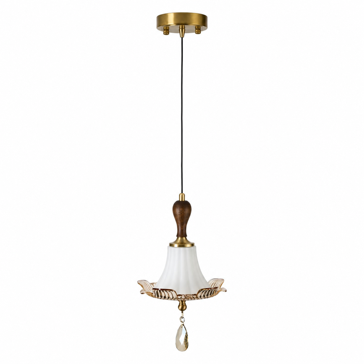 Complete Celestine Fluted Tulip Glass and Walnut Pendant Light on pure white