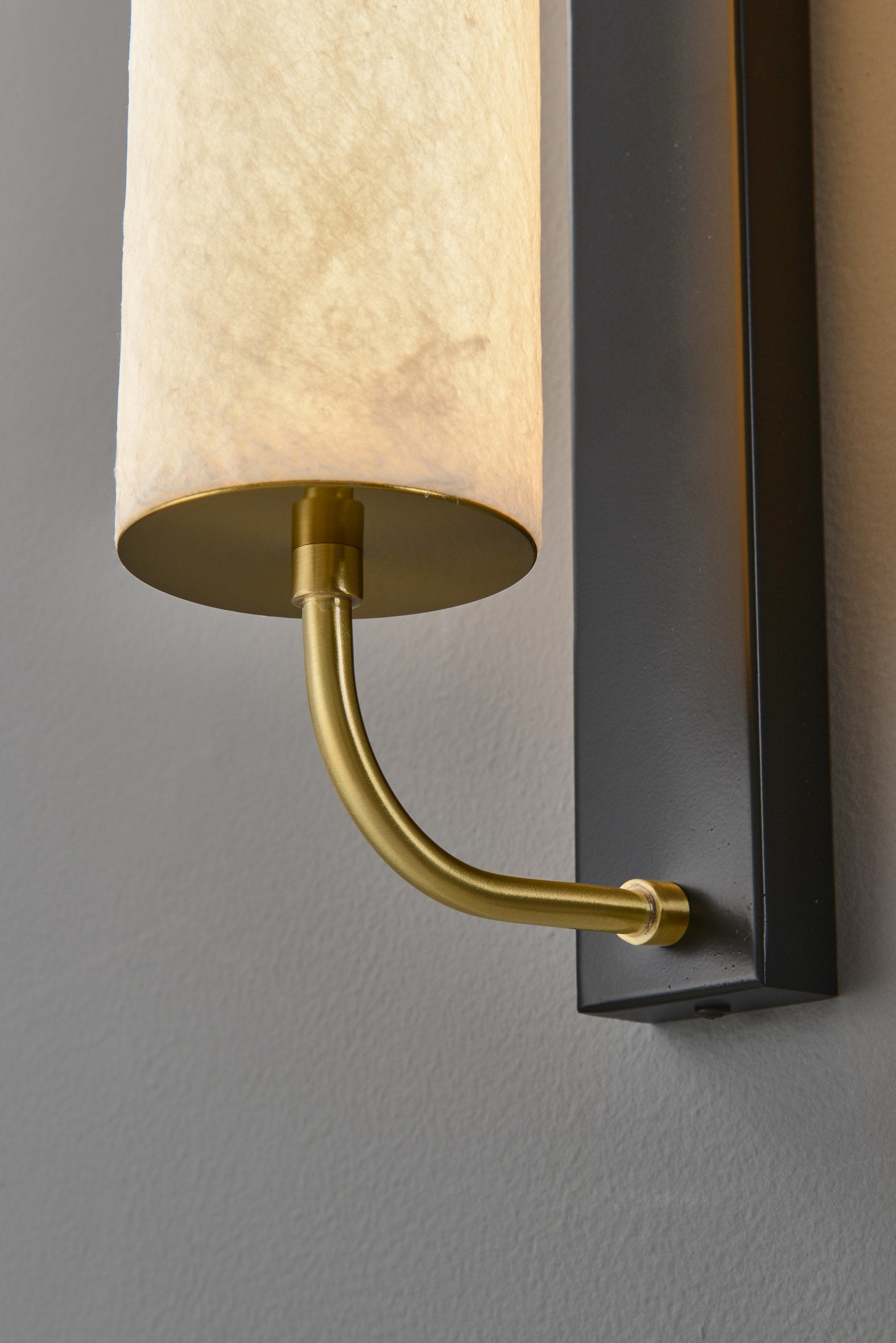 Modern Mulberry Silk Cylinder Wall Sconce in Brass or Black - 13 13-detail-brass-arm-silk-shade