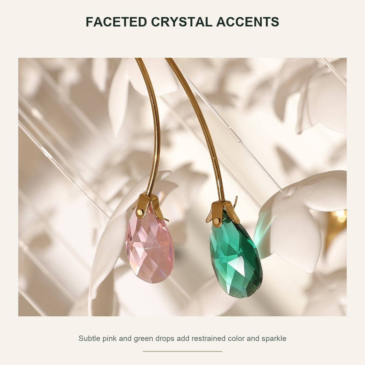 Floating Orchid Ceramic Short Chandelier pink and green faceted crystal accent detail