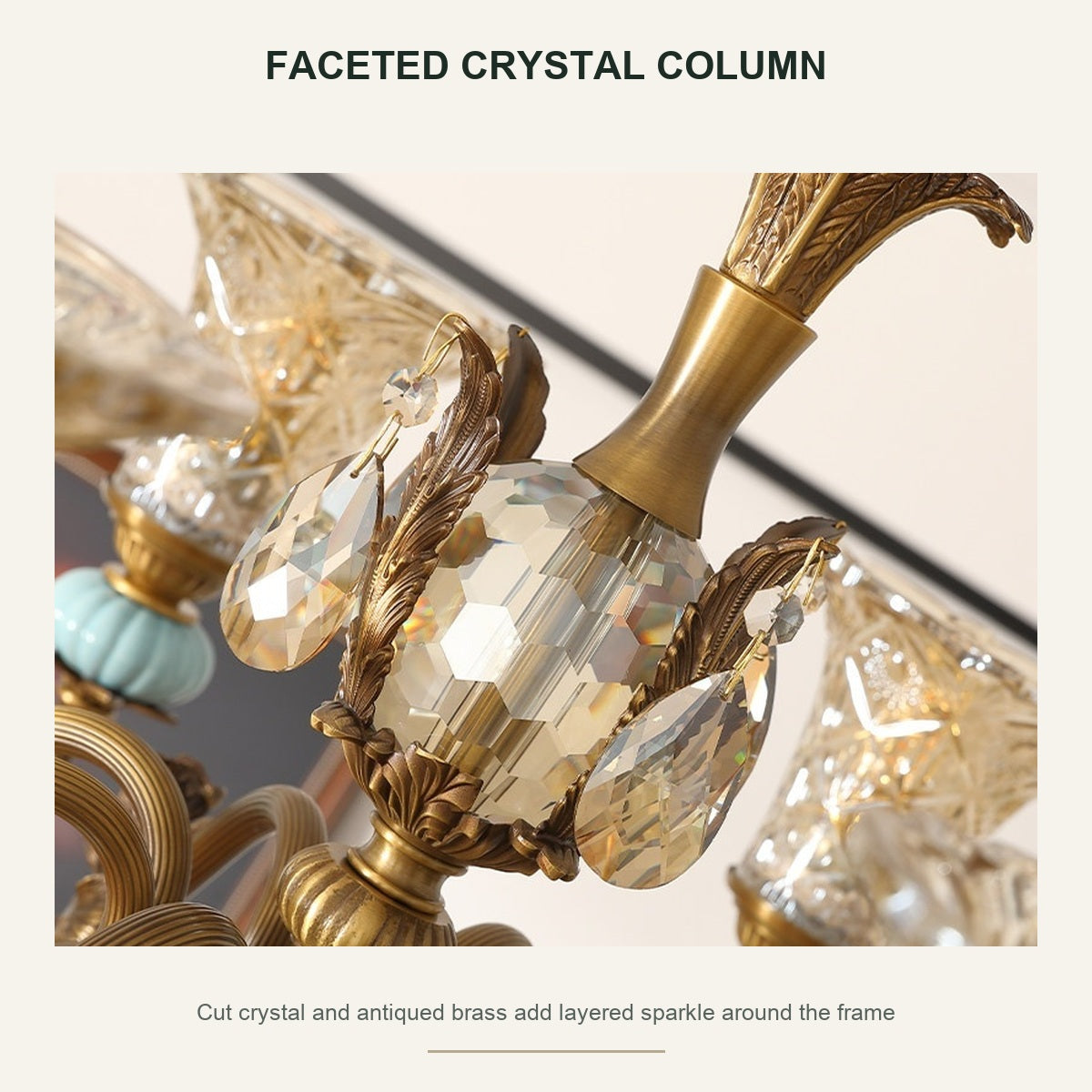 Blue Glazed Ceramic Brass Chandelier faceted crystal column detail