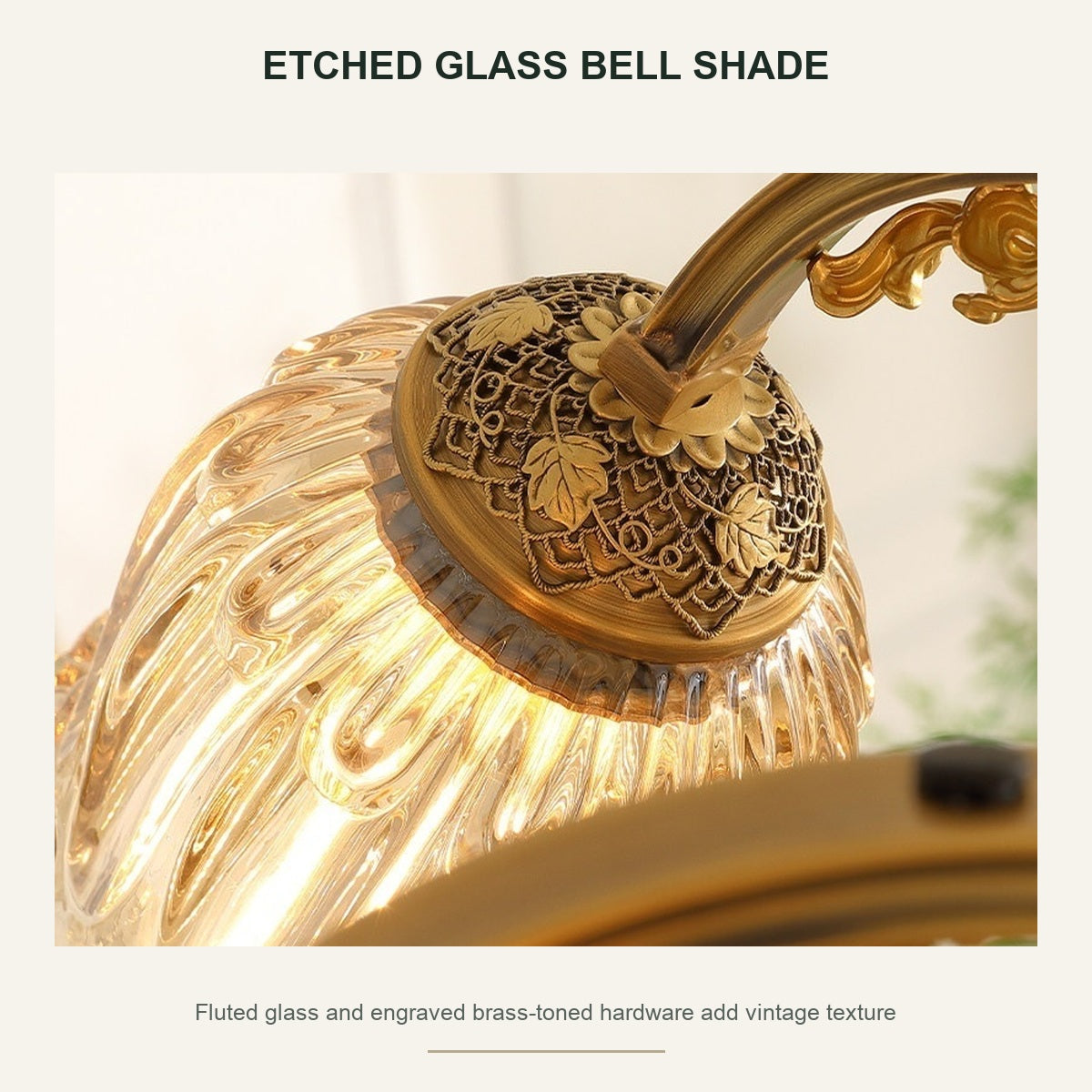 Vintage Brass Floral Glass Chandelier etched bell-shaped glass shade detail