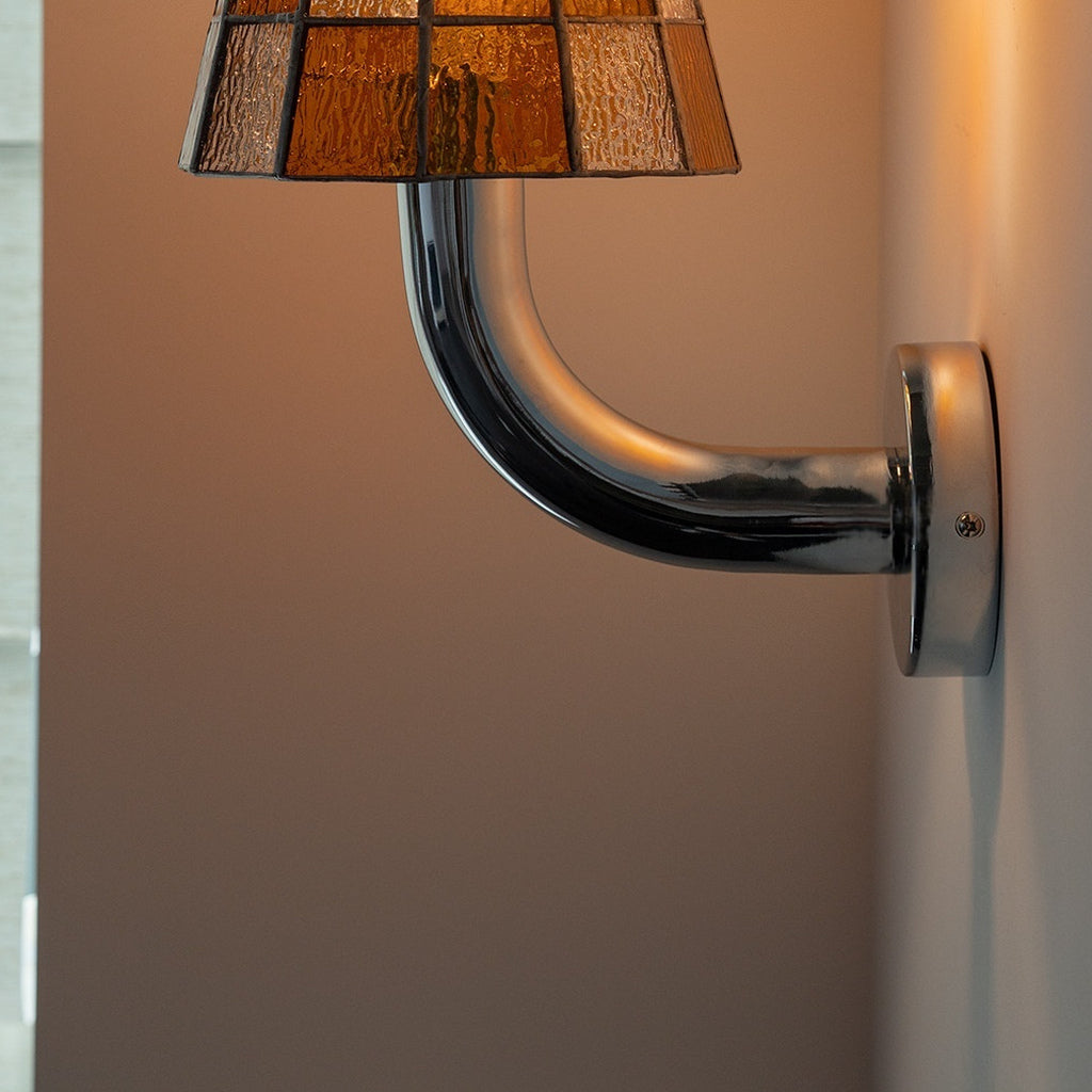 Textured Glass Long-Arm Wall Sconce — detail polished arm backplate
