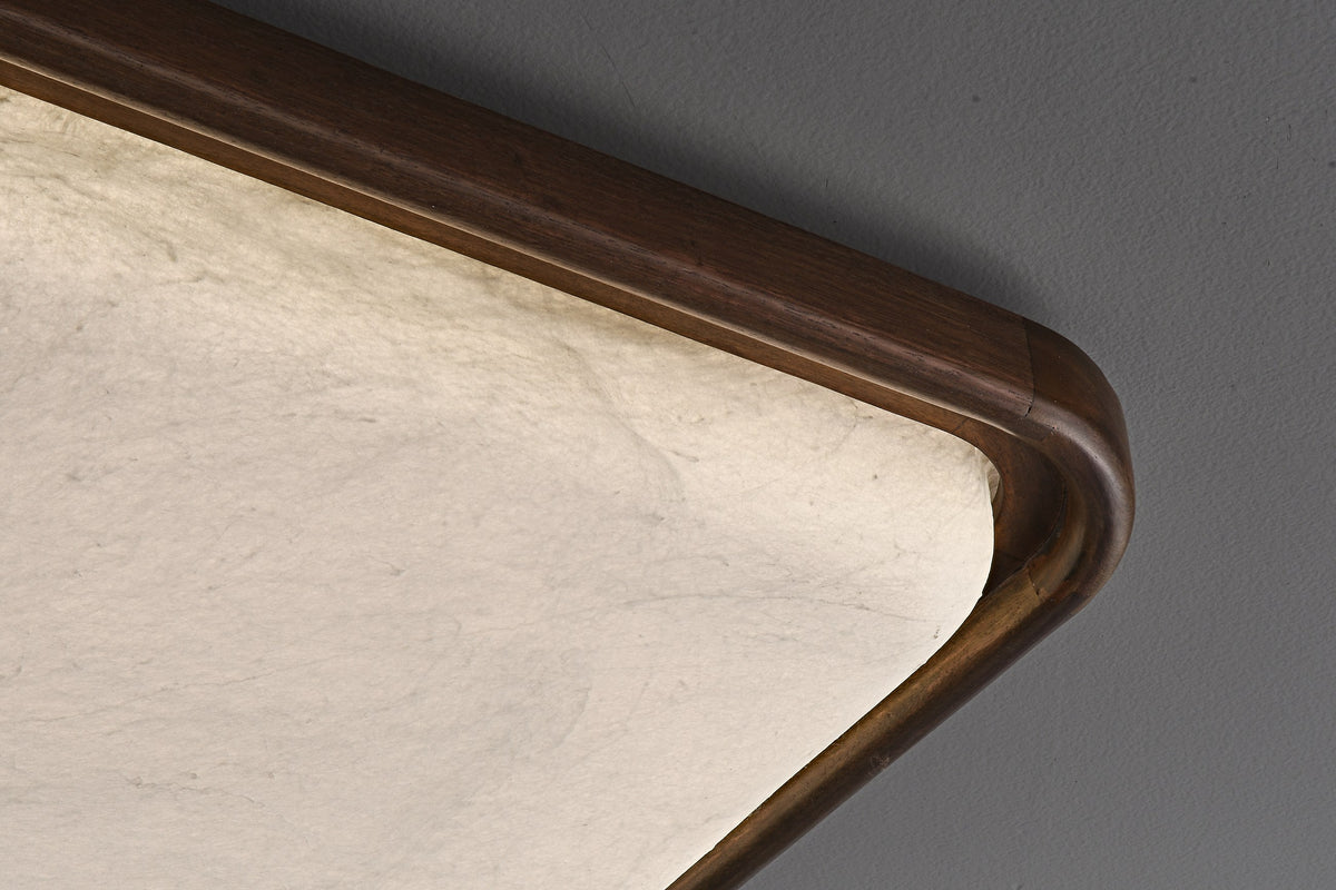 Modern Mulberry Silk Geometric Ceiling Light in Walnut and White - 13 13-detail-square-lit-corner