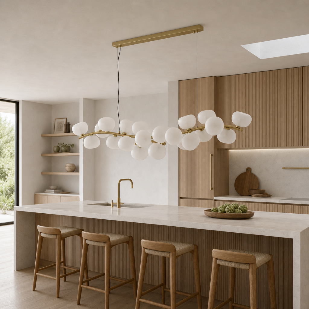 Frosted glass 26-light linear chandelier with the lights off above a white oak kitchen island