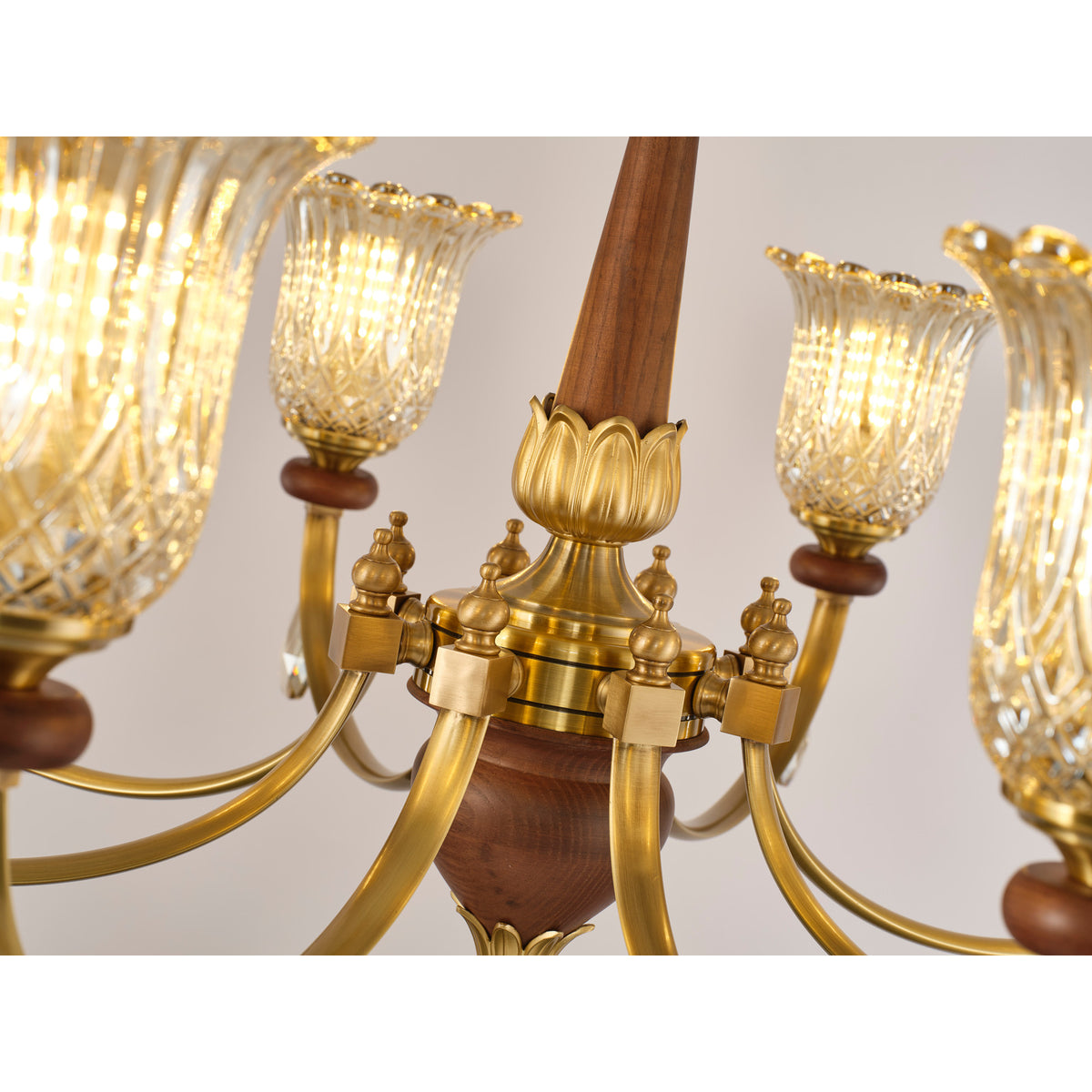 Supplier real chandelier detail showing the ribbed tulip glass and ash-wood ring