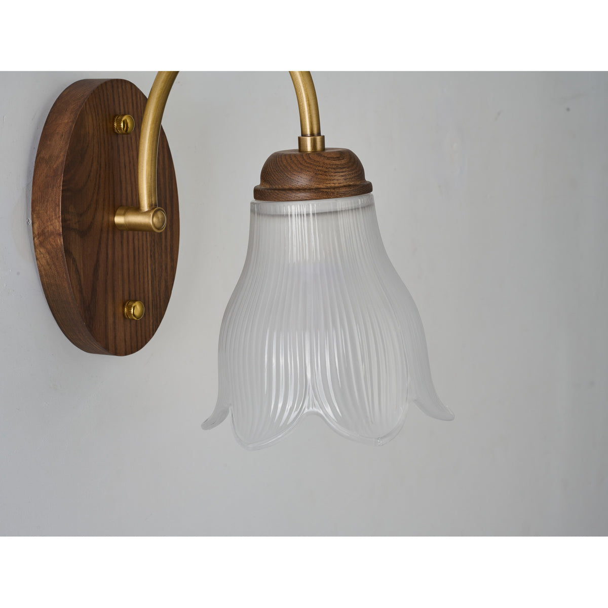 Supplier real wall sconce detail showing the oval walnut-finished ash-wood backplate
