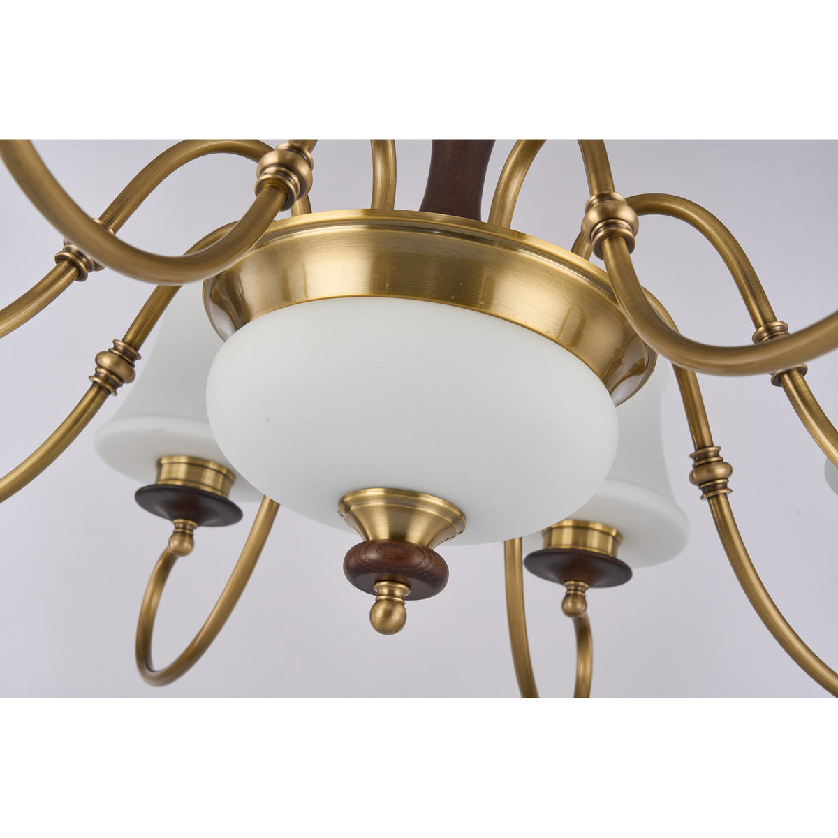 Supplier real detail photograph of the Glenhaven central milky-opal glass bowl and brass finial