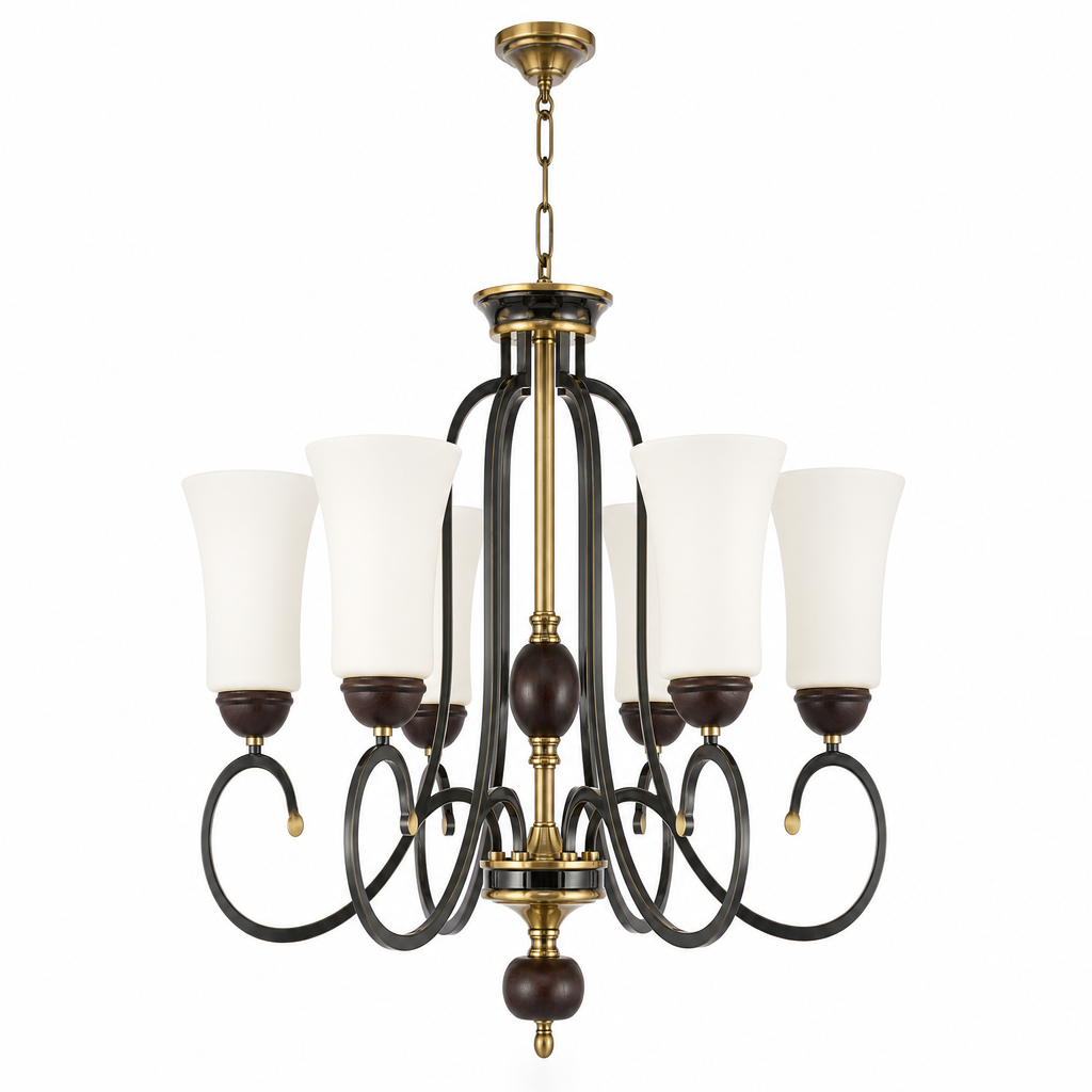 Complete Haverford six-light chandelier on pure white with ceiling canopy