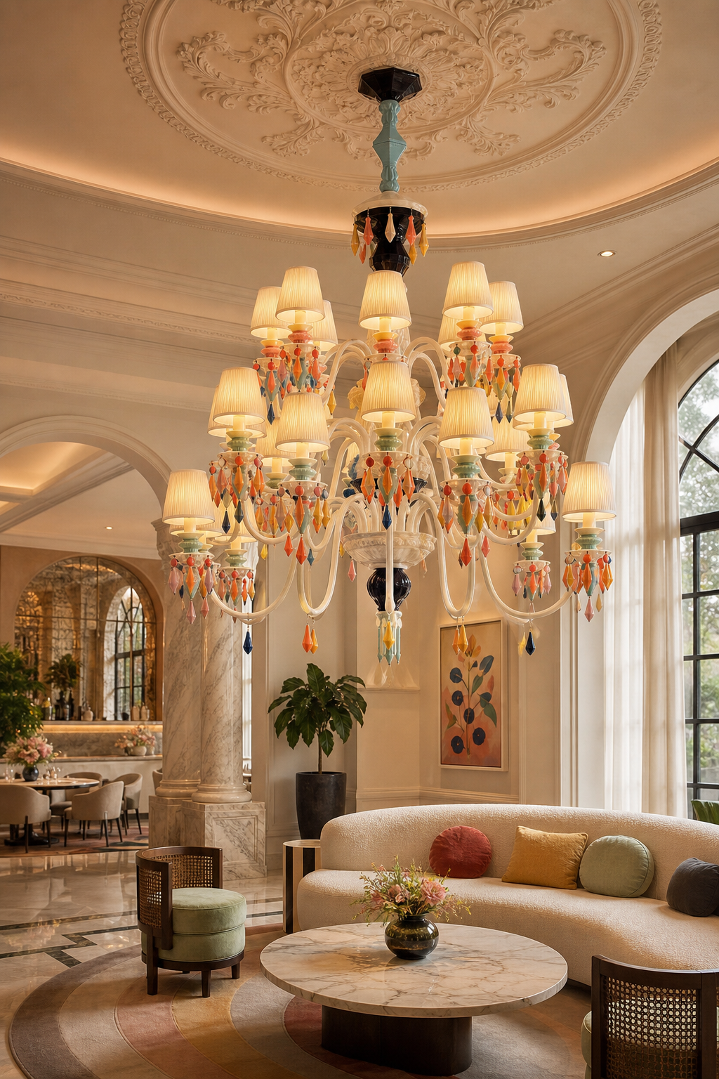 Pastel Ceramic Triple-Tier Grand Chandelier in a hotel lounge