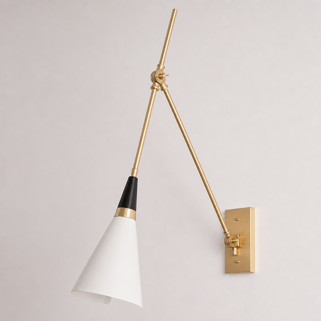 Adjustable Brass Wall Sconce — Long Arm brass structure, white shade, and black socket cap