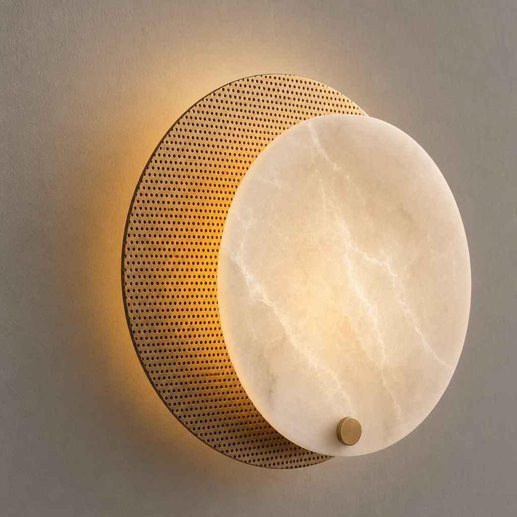 Modern Perforated Copper Alabaster Round Wall Sconce - 13 13-material-close-up