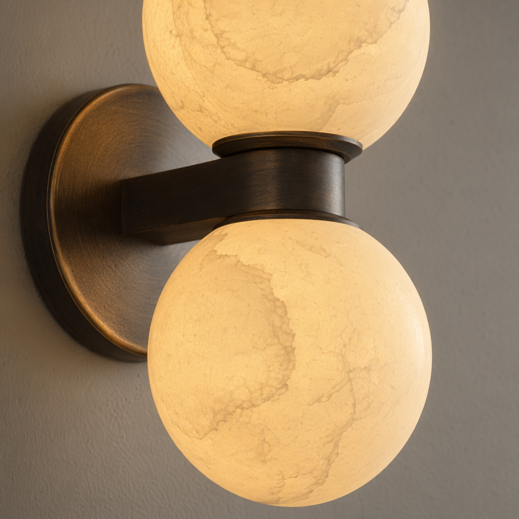 Modern Alabaster Double Globe Wall Sconce in Antique Brass - product image 20