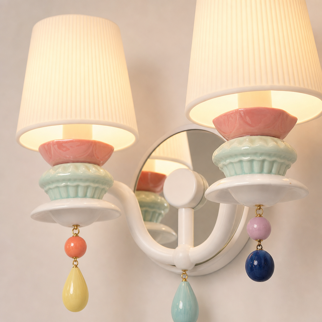 Pastel Ceramic Two-Light Wall Sconce material lit close up
