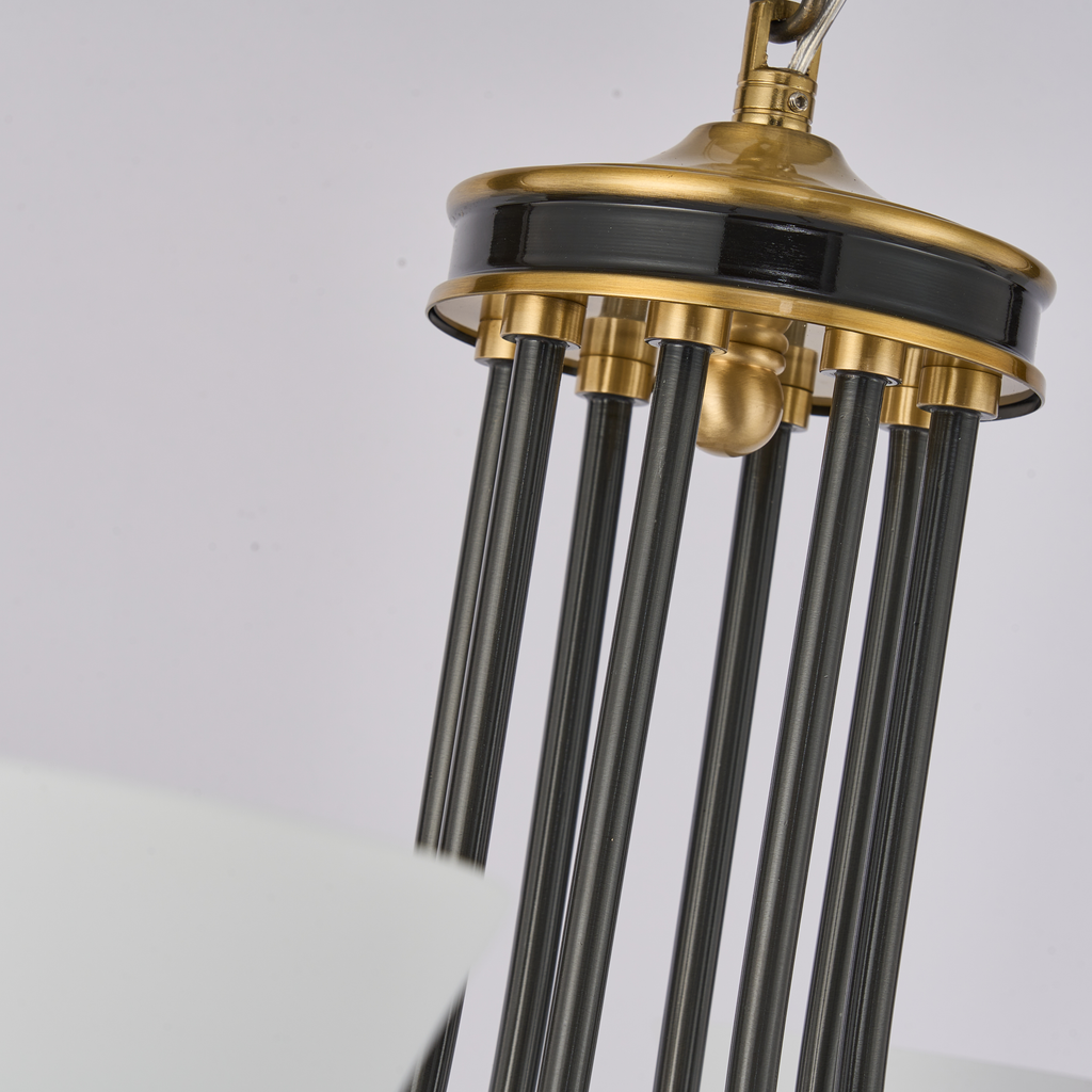 Mornvale blackened suspension rods and antique-gold upper mounting assembly detail