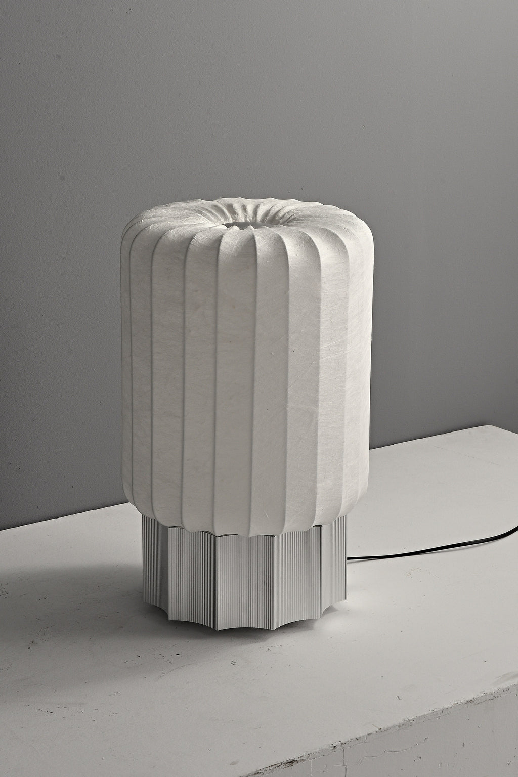 Modern Mulberry Silk Cylinder Table and Floor Lamp in Pewter Gray - 12 13-real-floor-lamp-detail