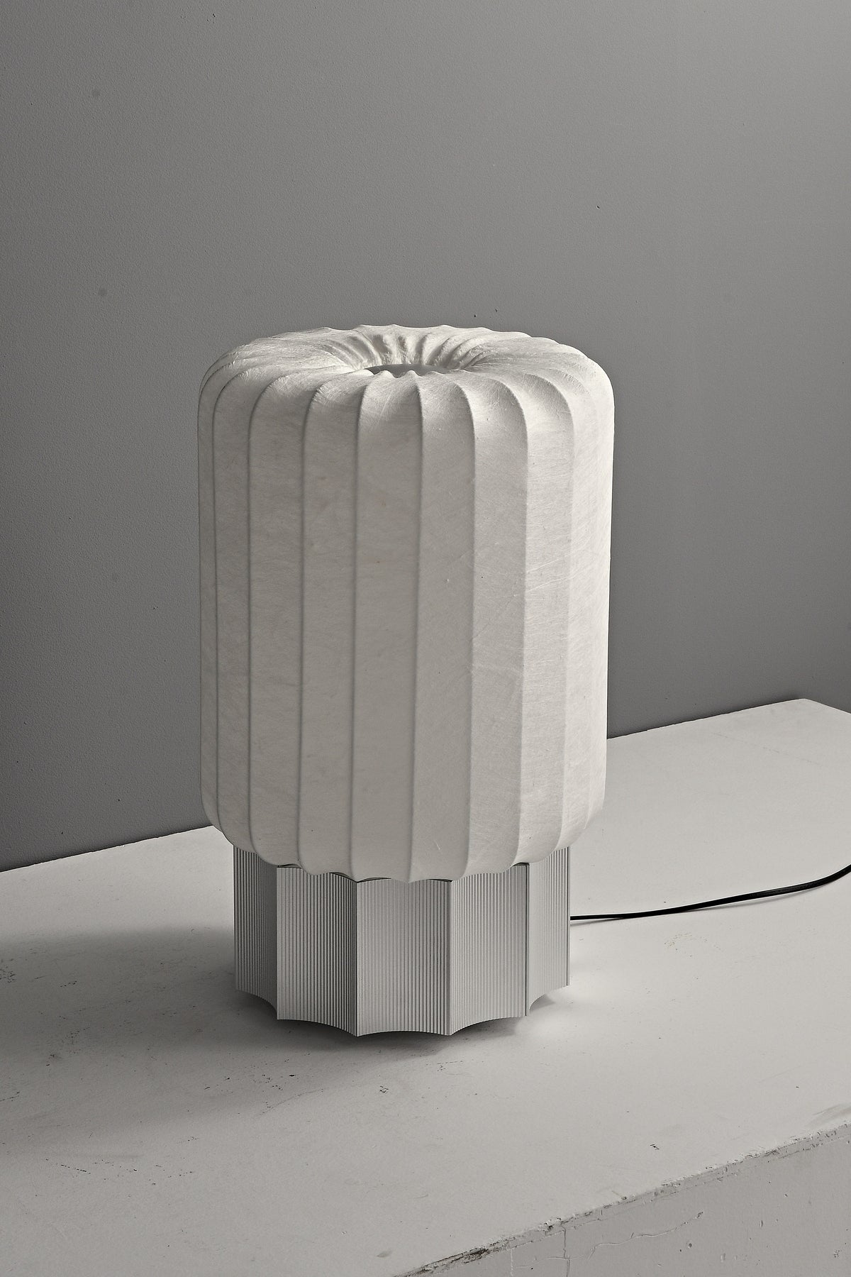 Modern Mulberry Silk Cylinder Table and Floor Lamp in Pewter Gray - 12 13-real-floor-lamp-detail
