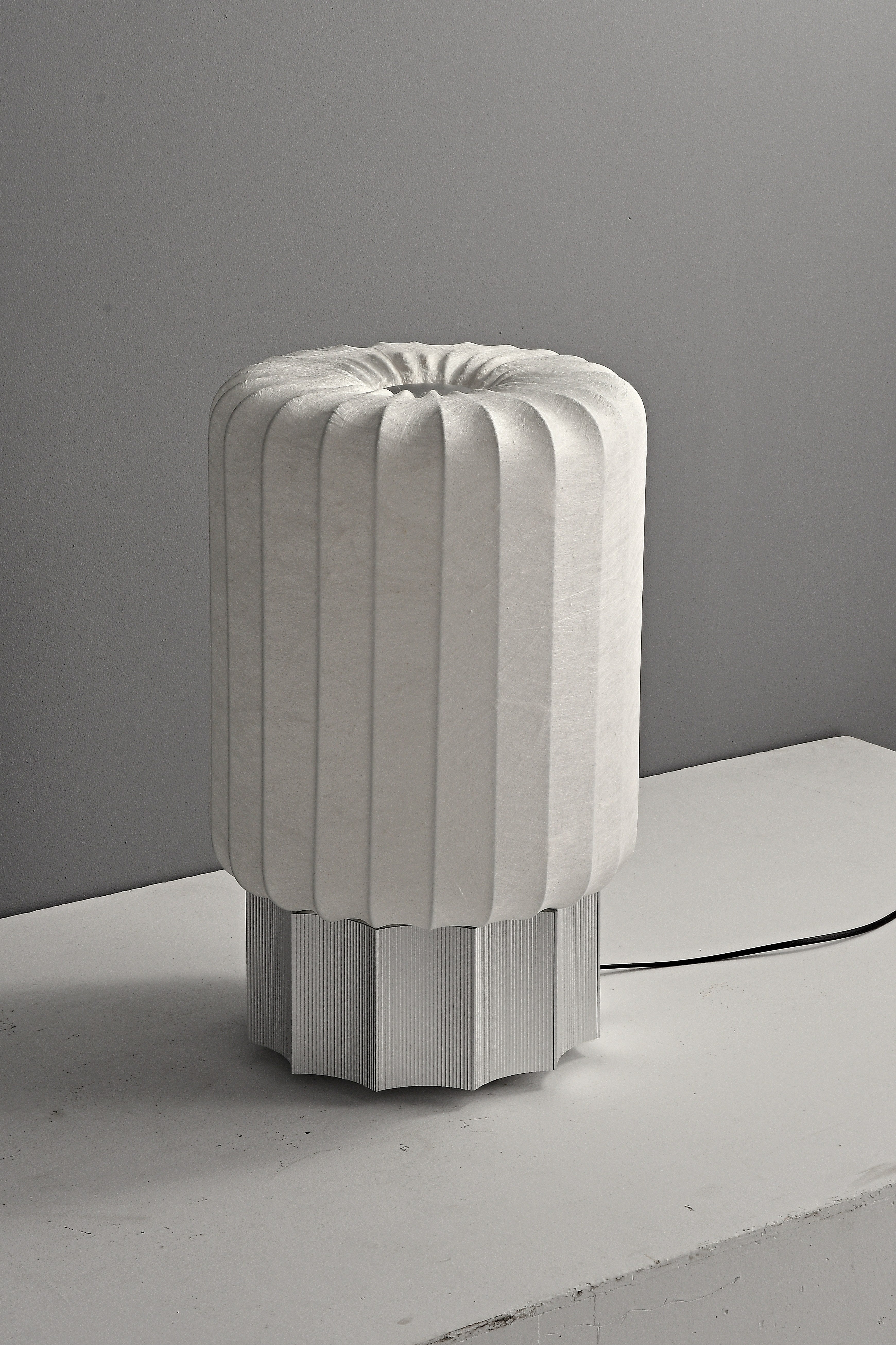 Modern Mulberry Silk Cylinder Table and Floor Lamp in Pewter Gray - 12 13-real-floor-lamp-detail