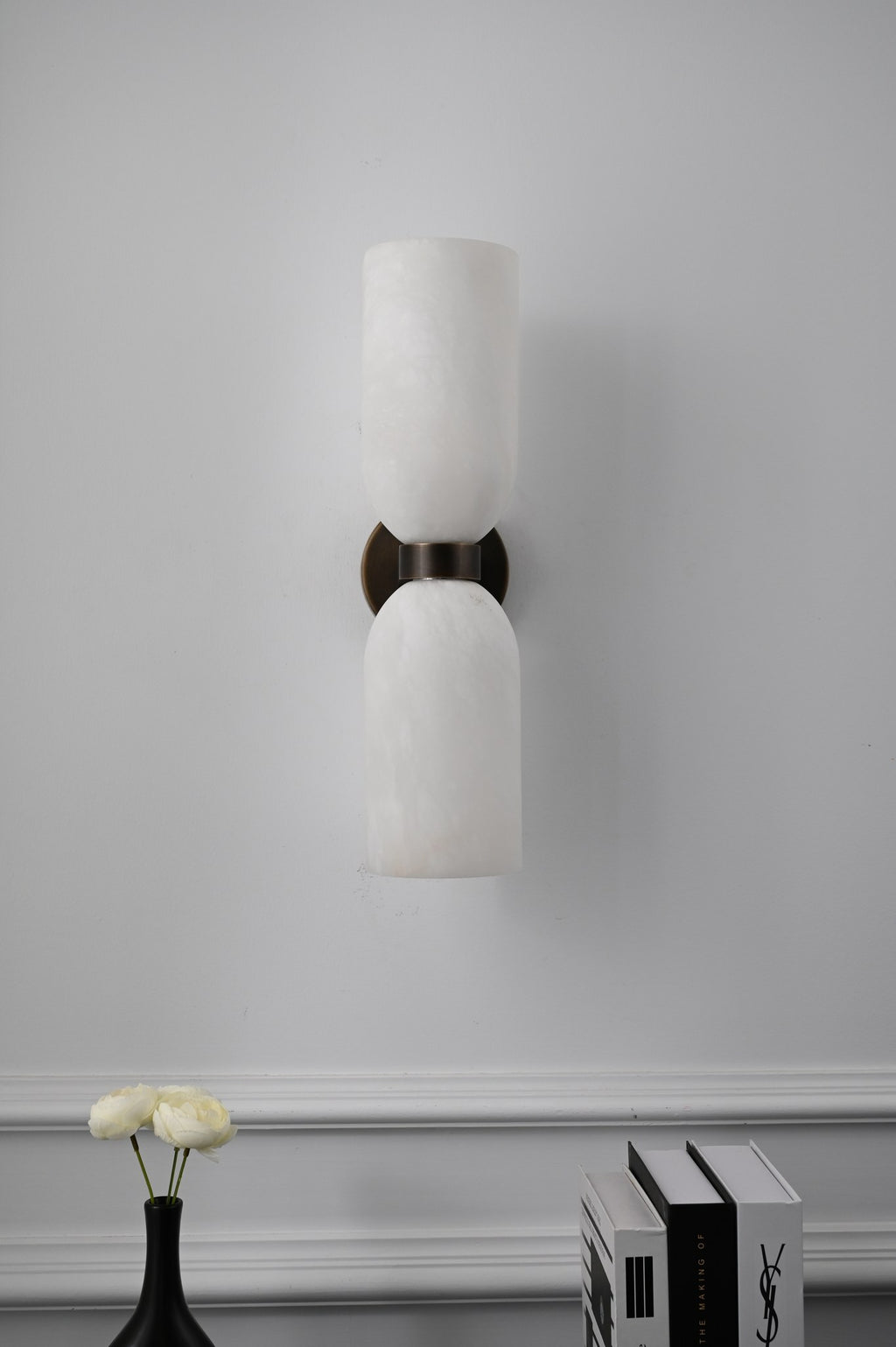 Modern Spanish Alabaster Cylinder Wall Sconce in Antique Brass - 13 13-real-shot-cylinder-wall-sconce-room-view