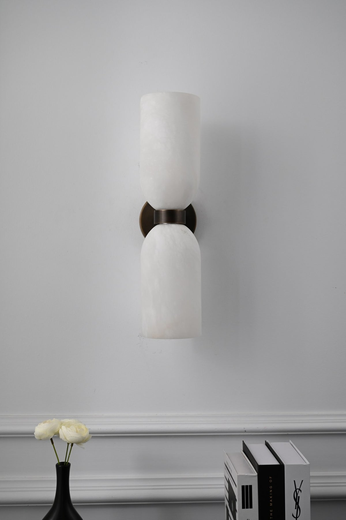 Modern Alabaster Cylinder Wall Sconce in Antique Brass - 13 13-real-shot-cylinder-wall-sconce-room-view