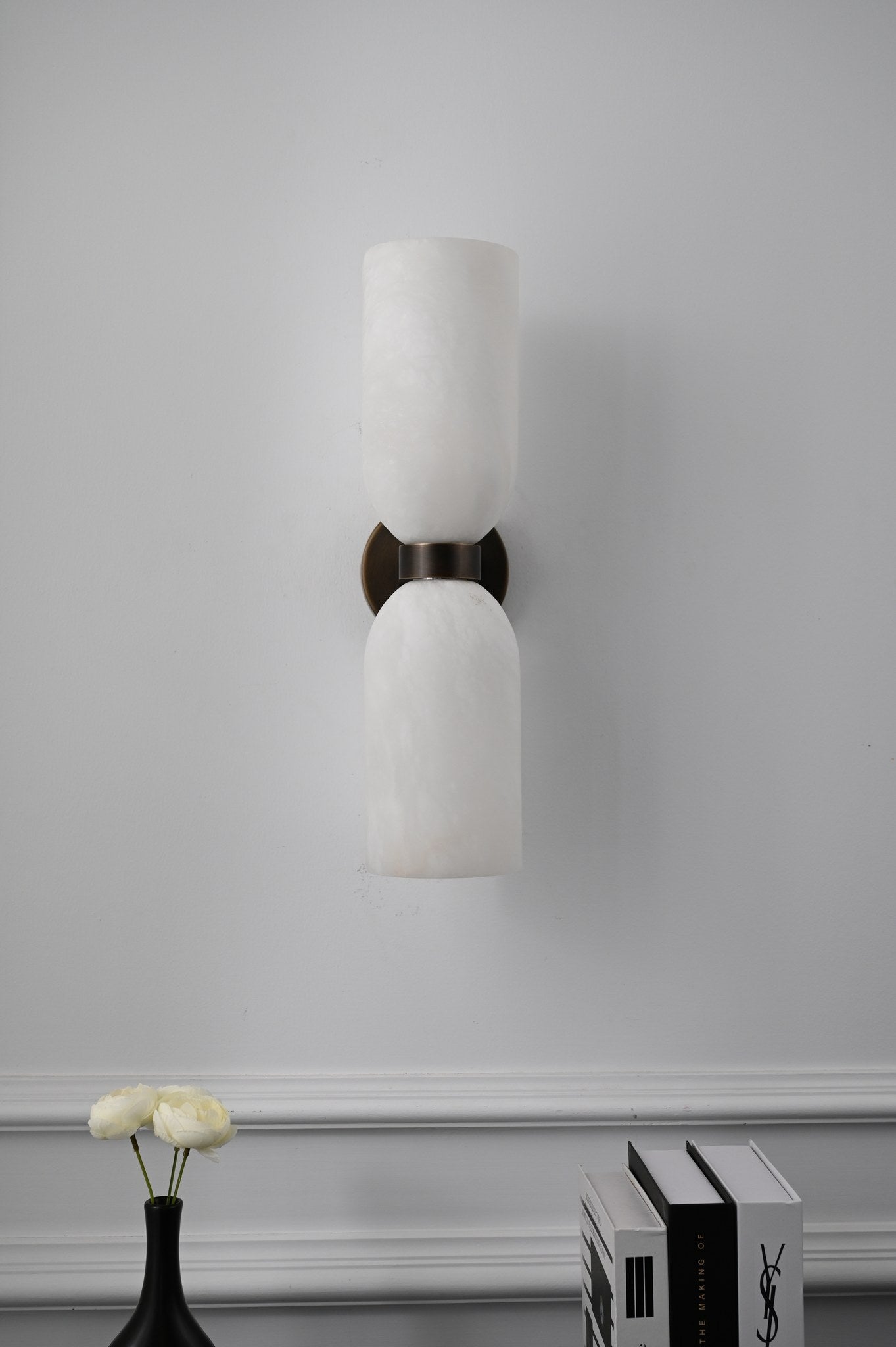Modern Spanish Alabaster Cylinder Wall Sconce in Antique Brass - 13 13-real-shot-cylinder-wall-sconce-room-view