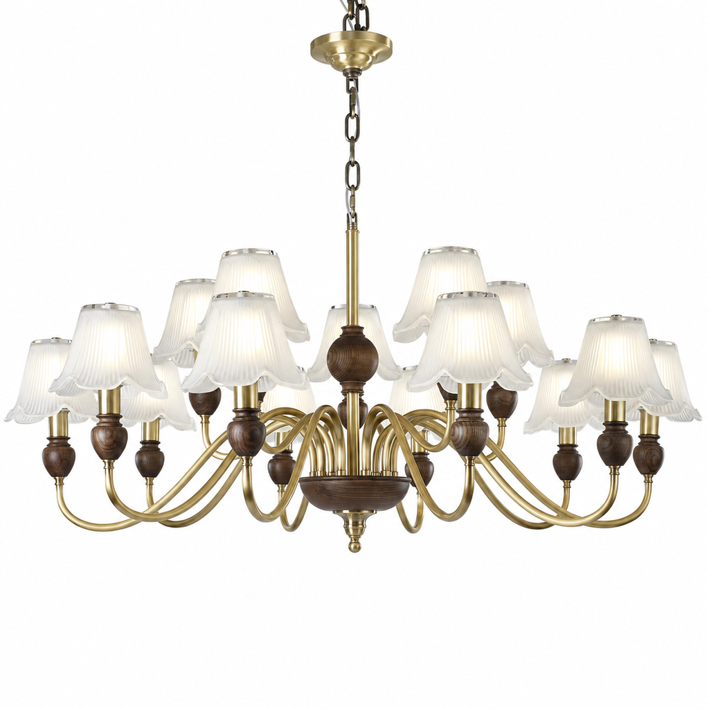 Complete Sorrelune 15-light two-tier scalloped fluted glass chandelier on pure white