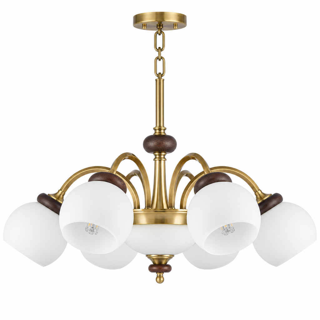 Arborenne six-light milk glass and ash wood chandelier on a pure white background