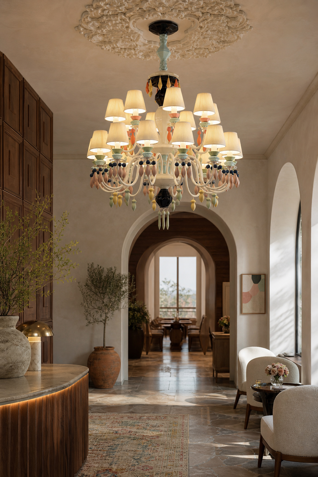 Pastel Ceramic Double-Tier Chandelier in a boutique hotel corridor