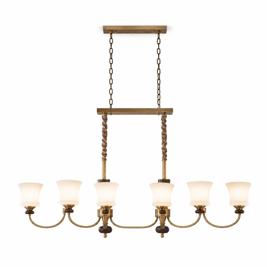 Caldrienne six-light opal glass and ash wood linear chandelier on white