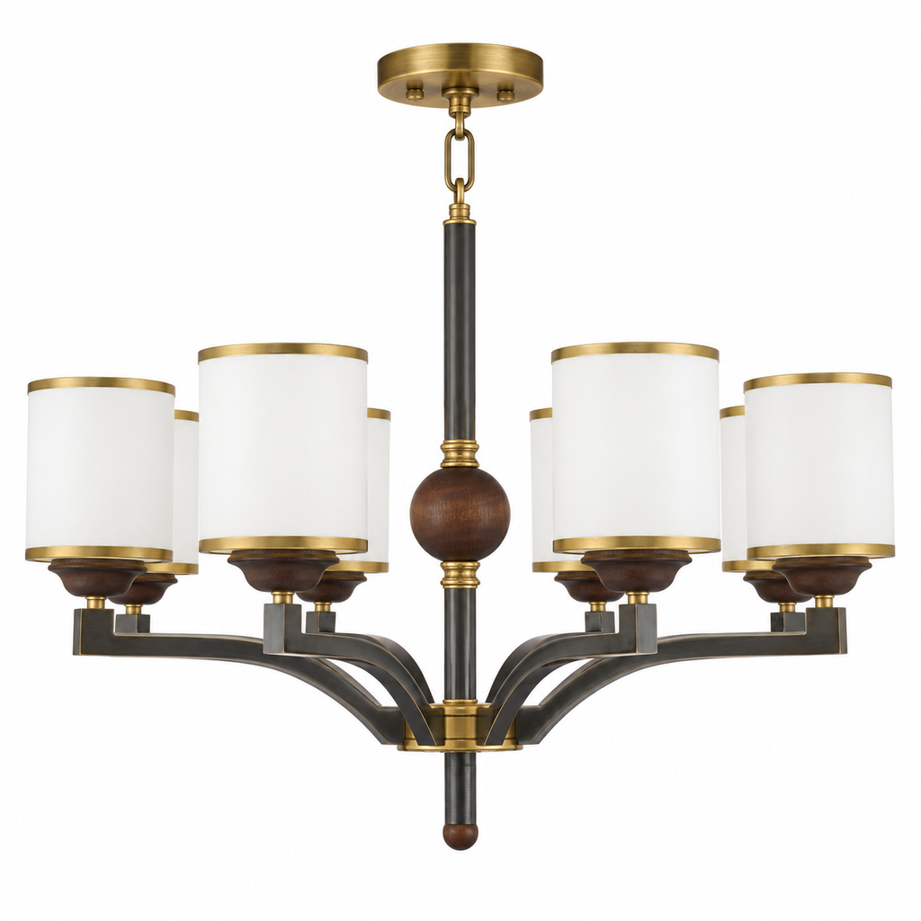 Cylmere six-light cylindrical opal glass and ash wood chandelier on a pure white background