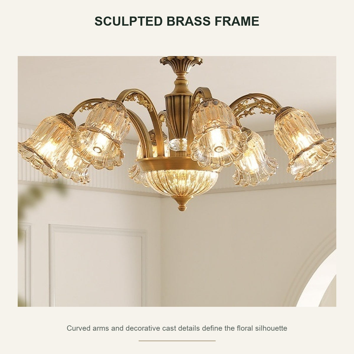 Vintage Brass Floral Glass Flush Mount sculpted antiqued brass frame detail