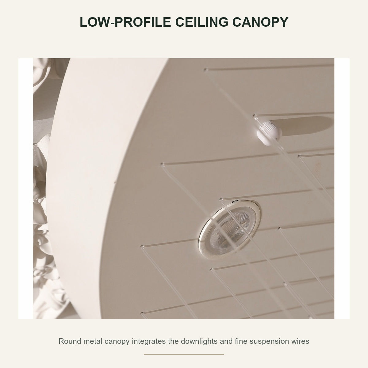 Floating Orchid Ceramic Short Chandelier round ceiling canopy and suspension wire detail