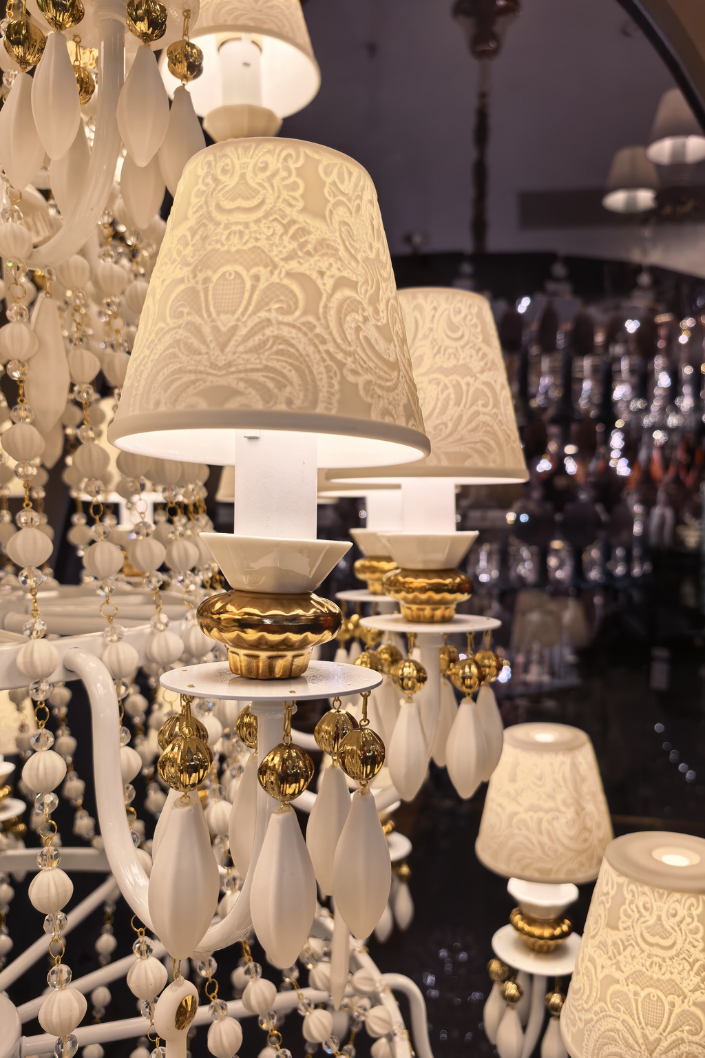 Ivorelle chandelier – patterned fabric shade detail