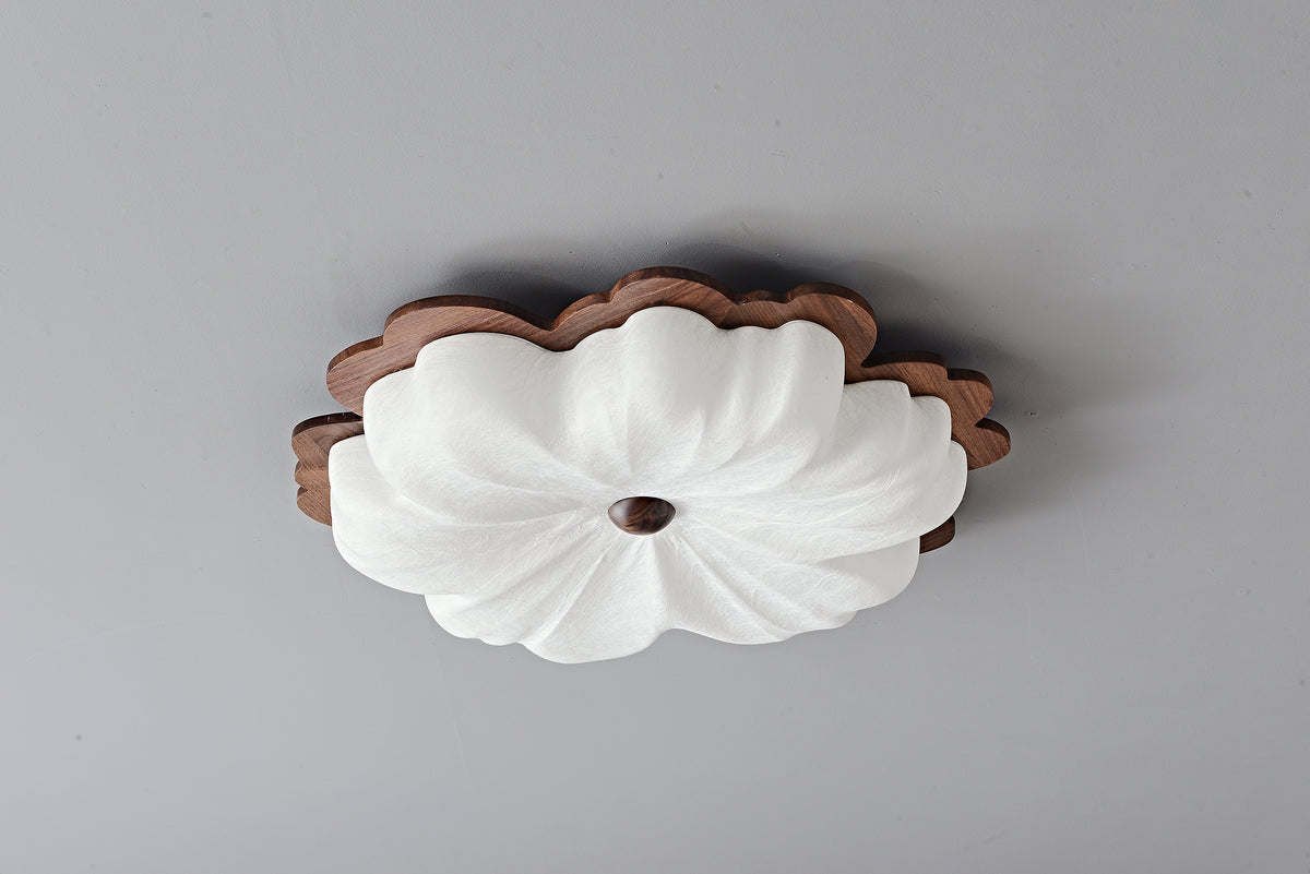 Modern Mulberry Silk Flower Ceiling Light in Walnut and White - 14 14-detail-installation