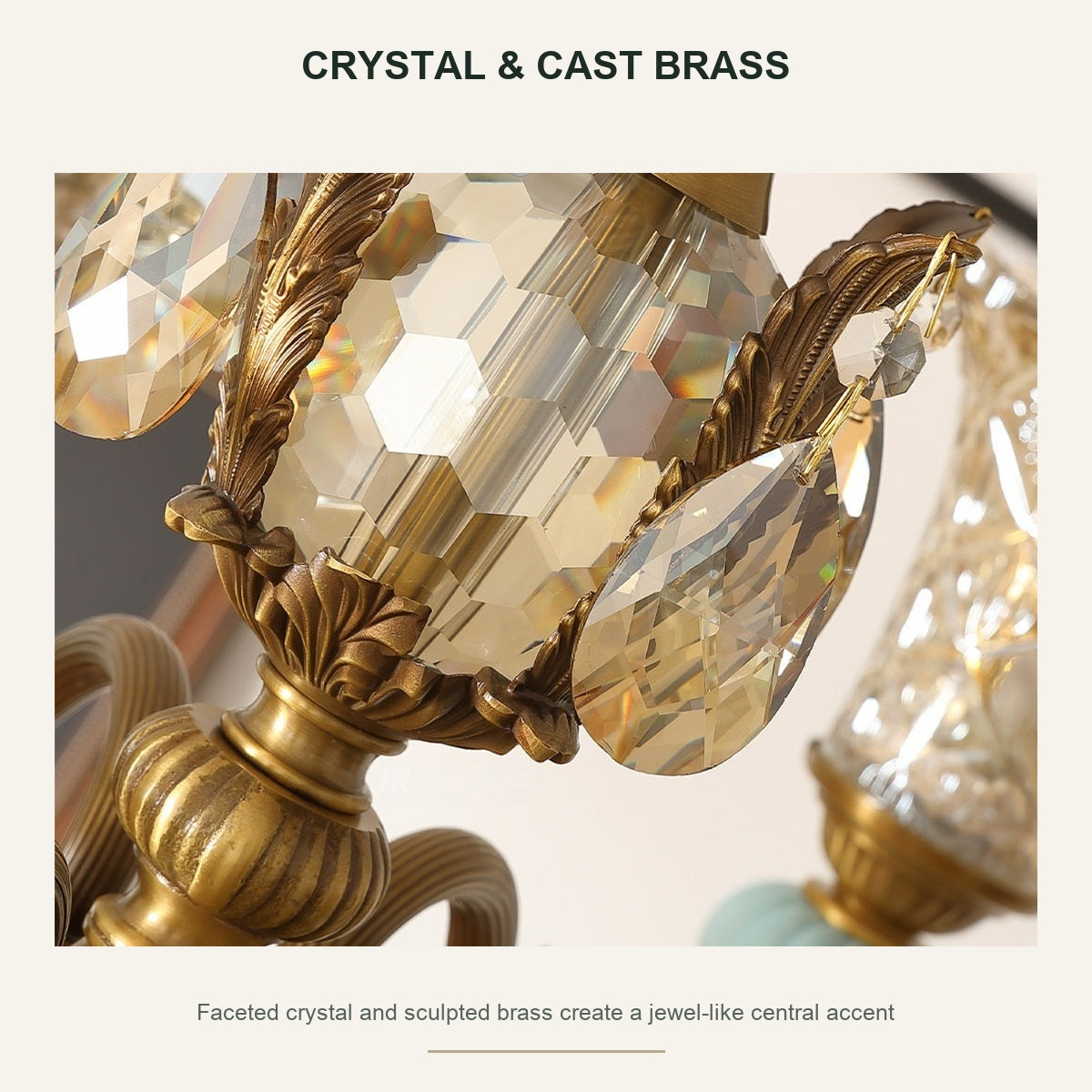 Blue Glazed Ceramic Brass Chandelier crystal and cast brass detail