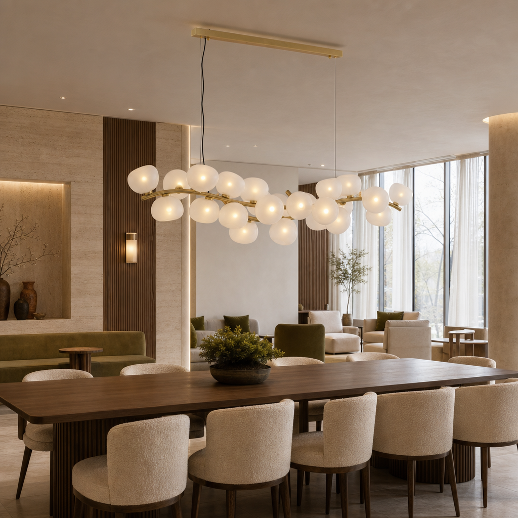 Frosted glass 26-light linear chandelier illuminated in a modern hotel lounge