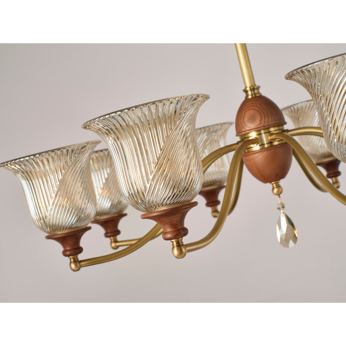 Real Elowen chandelier detail showing the spiral-ribbed glass shades