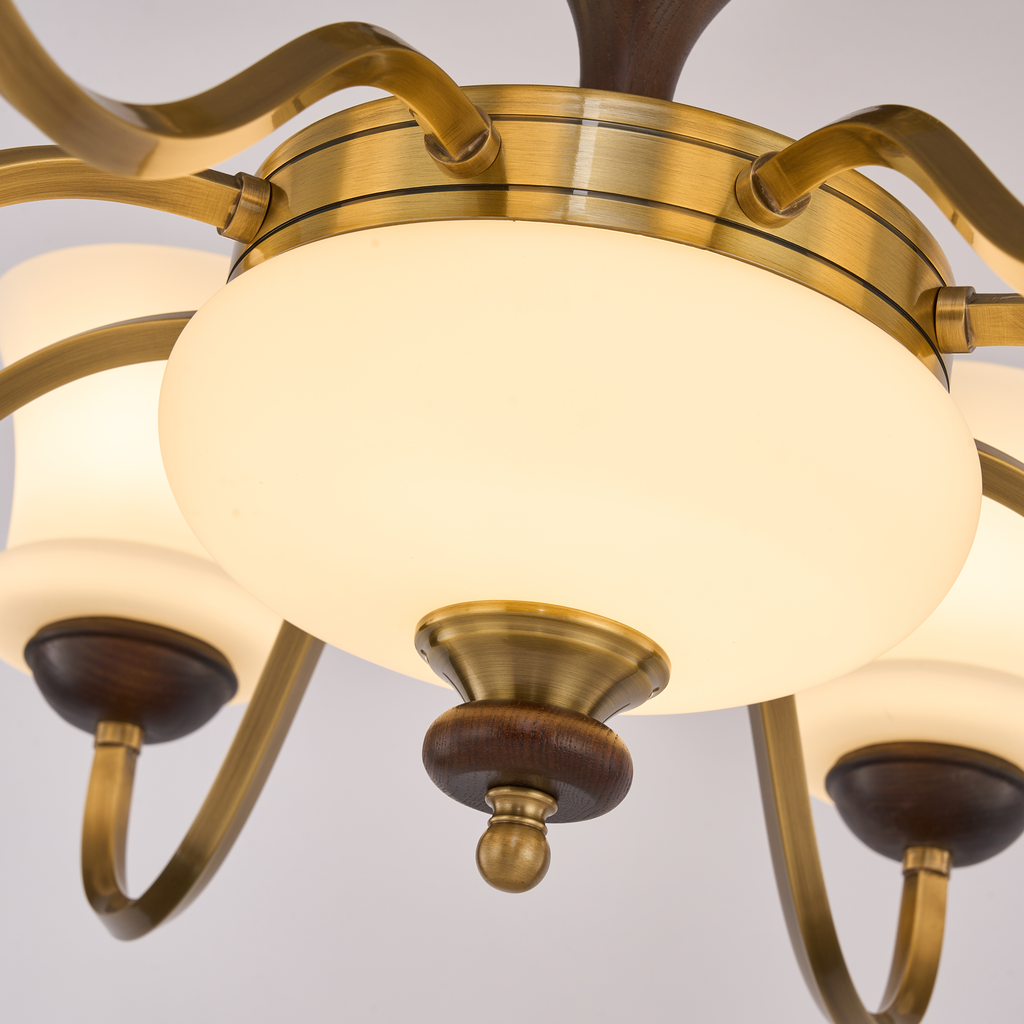 Halveraine milk-glass lower bowl, copper hub and ash-wood finial detail