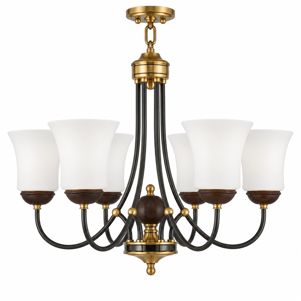 Mornvale six-light flared opal glass and ash wood chandelier on a pure white background