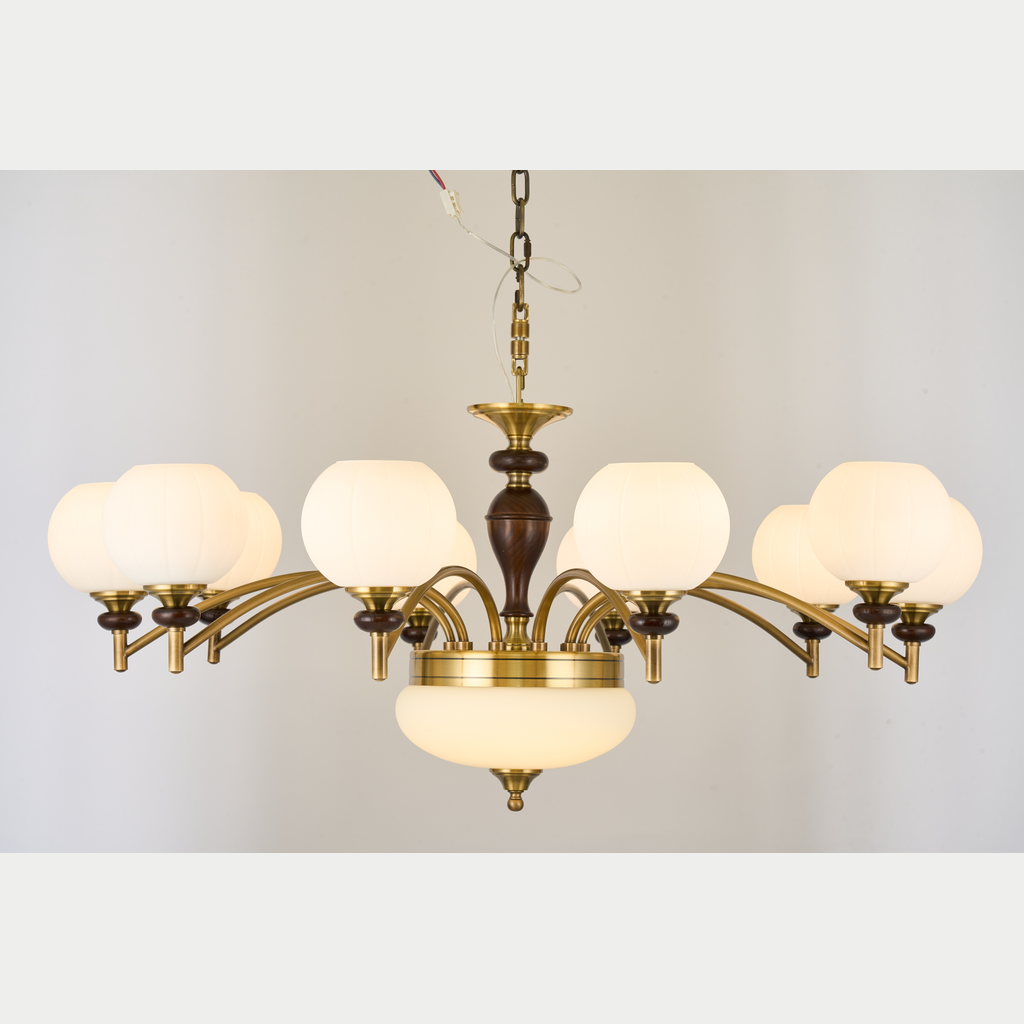 Orbemere Faceted Milk Glass and Ash Wood Chandelier complete eight-light product view