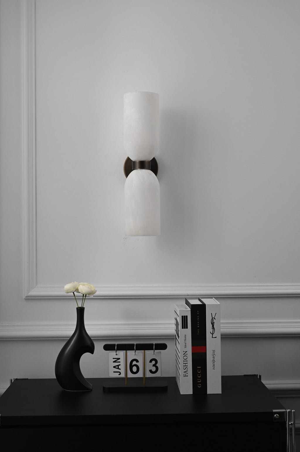 Modern Spanish Alabaster Cylinder Wall Sconce in Antique Brass - 14 14-real-shot-cylinder-wall-sconce-install-view