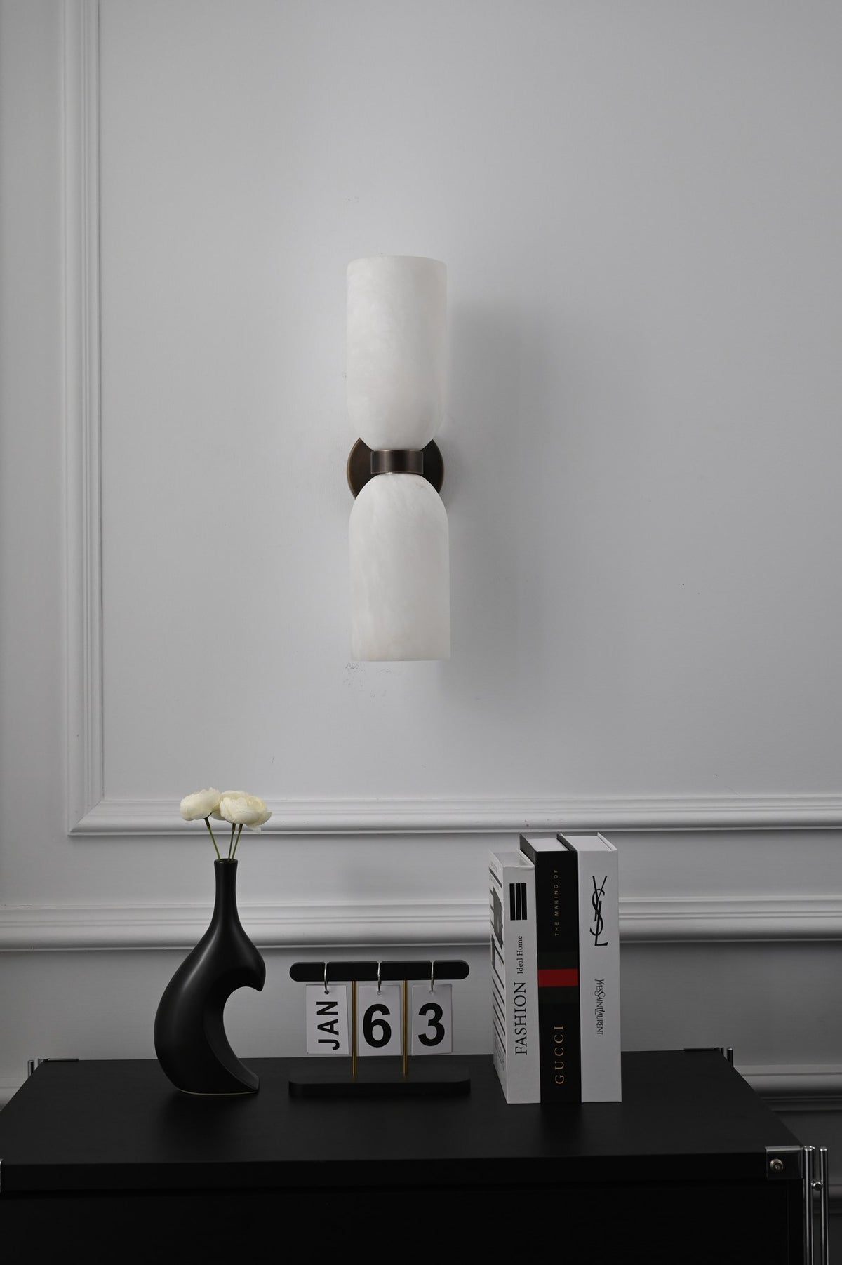 Modern Alabaster Cylinder Wall Sconce in Antique Brass - 14 14-real-shot-cylinder-wall-sconce-install-view