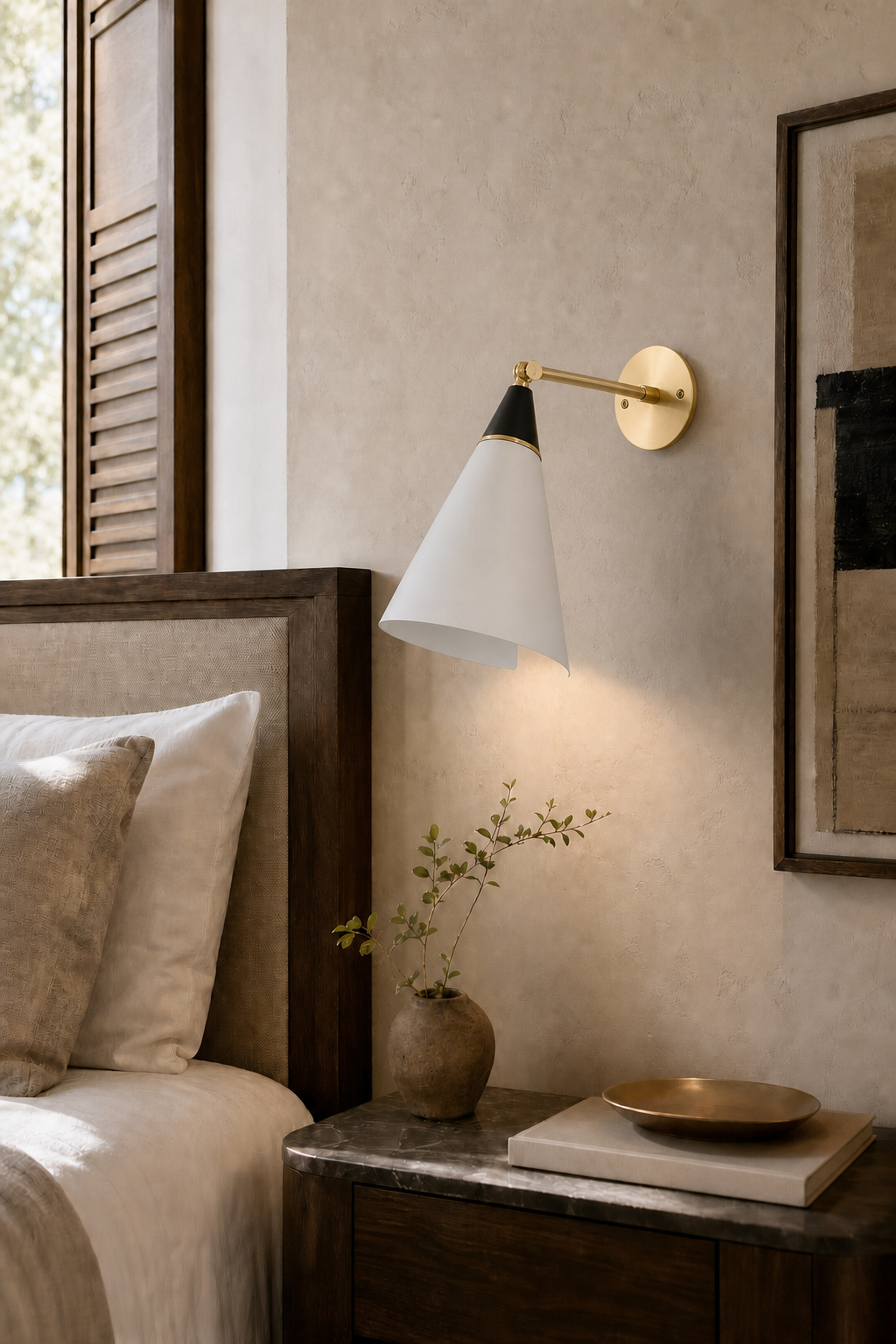 Adjustable Brass Wall Sconce — Short Arm sconce beside a bed in daylight
