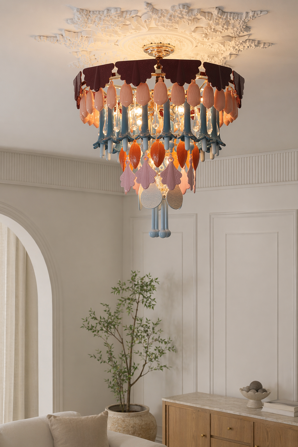 Colorful Ceramic Lily of the Valley Chandelier - restored 14-single-lamp-premium-detail-scene.png