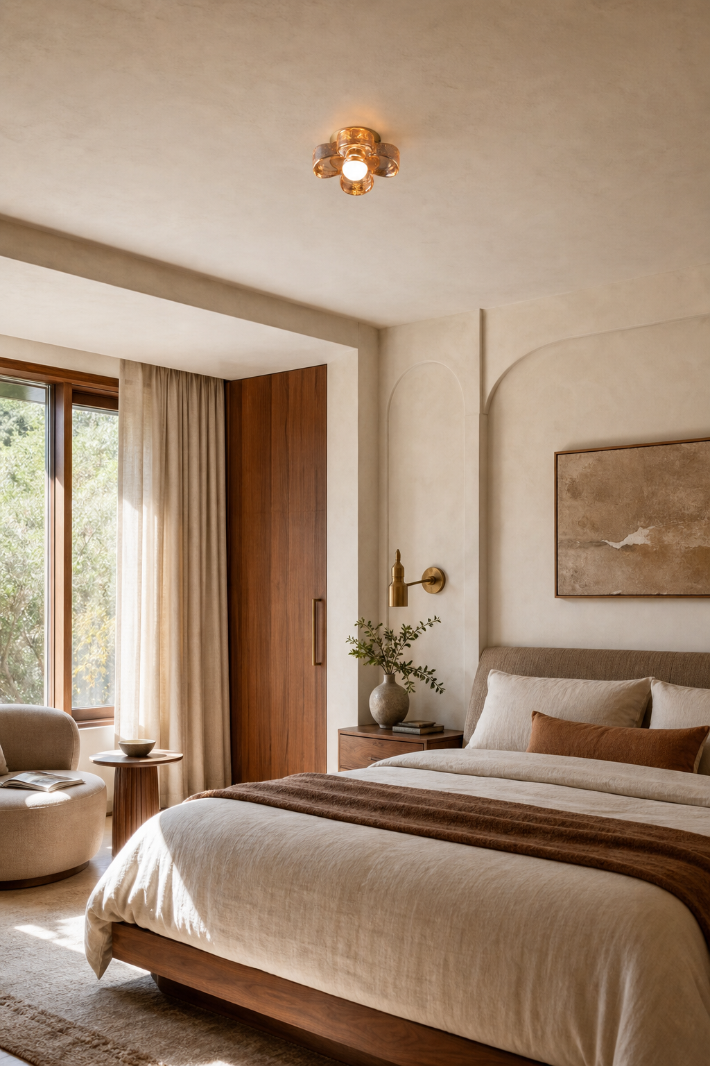 Single-Light Amber Glass Flush Mount Ceiling Light installed in a bedroom