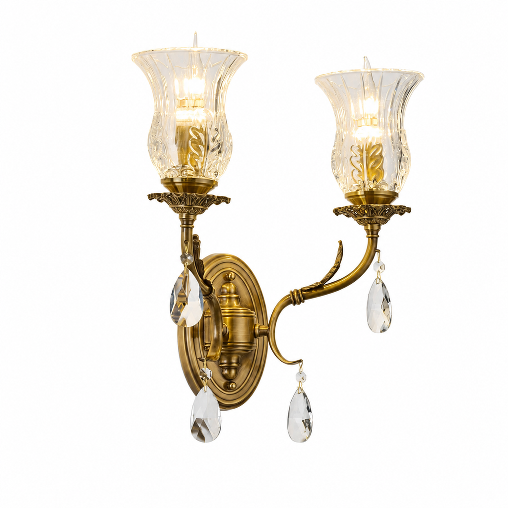 Complete Vitrelaine two-light clear hurricane glass wall sconce on pure white