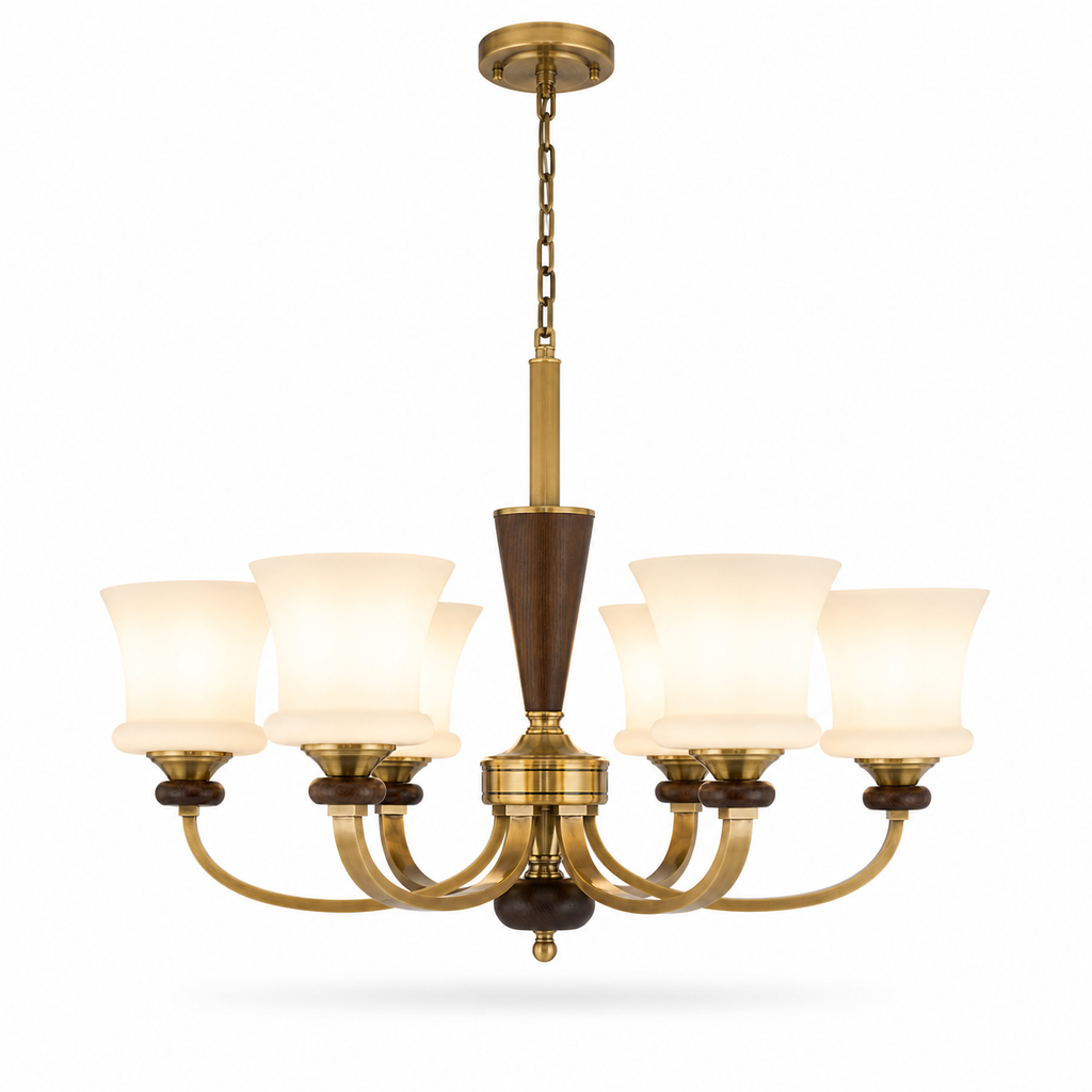 Caldrienne eight-light opal glass and ash wood chandelier on white